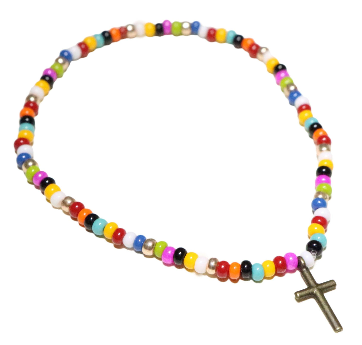 The Cross Was for All God's People Rainbow Assorted Color Glass Beads with Cross Charm Bracelet - Monkeysmojo