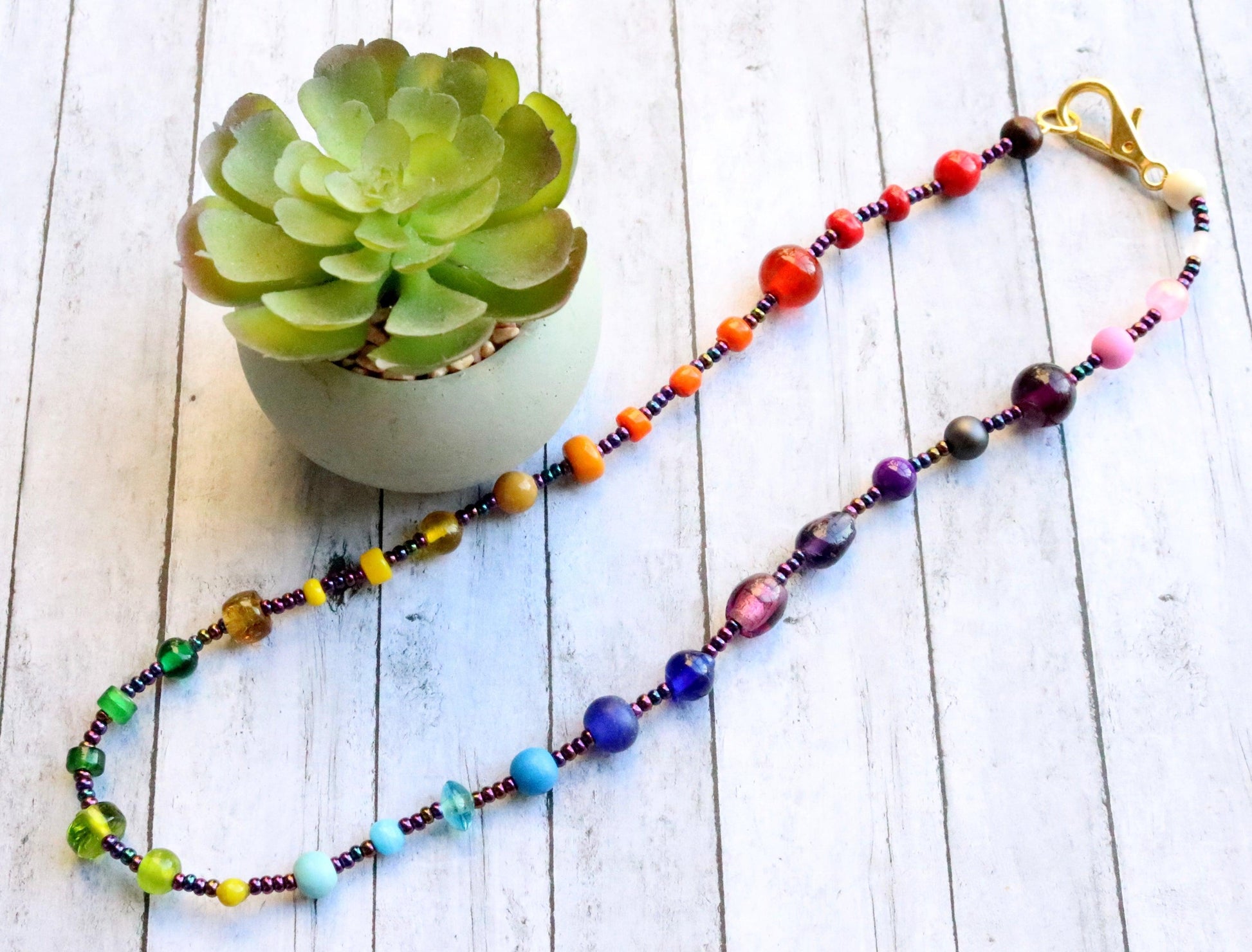 All the Colors Lead to the Heart Women's Rainbow Glass Bead Necklace - Monkeysmojo