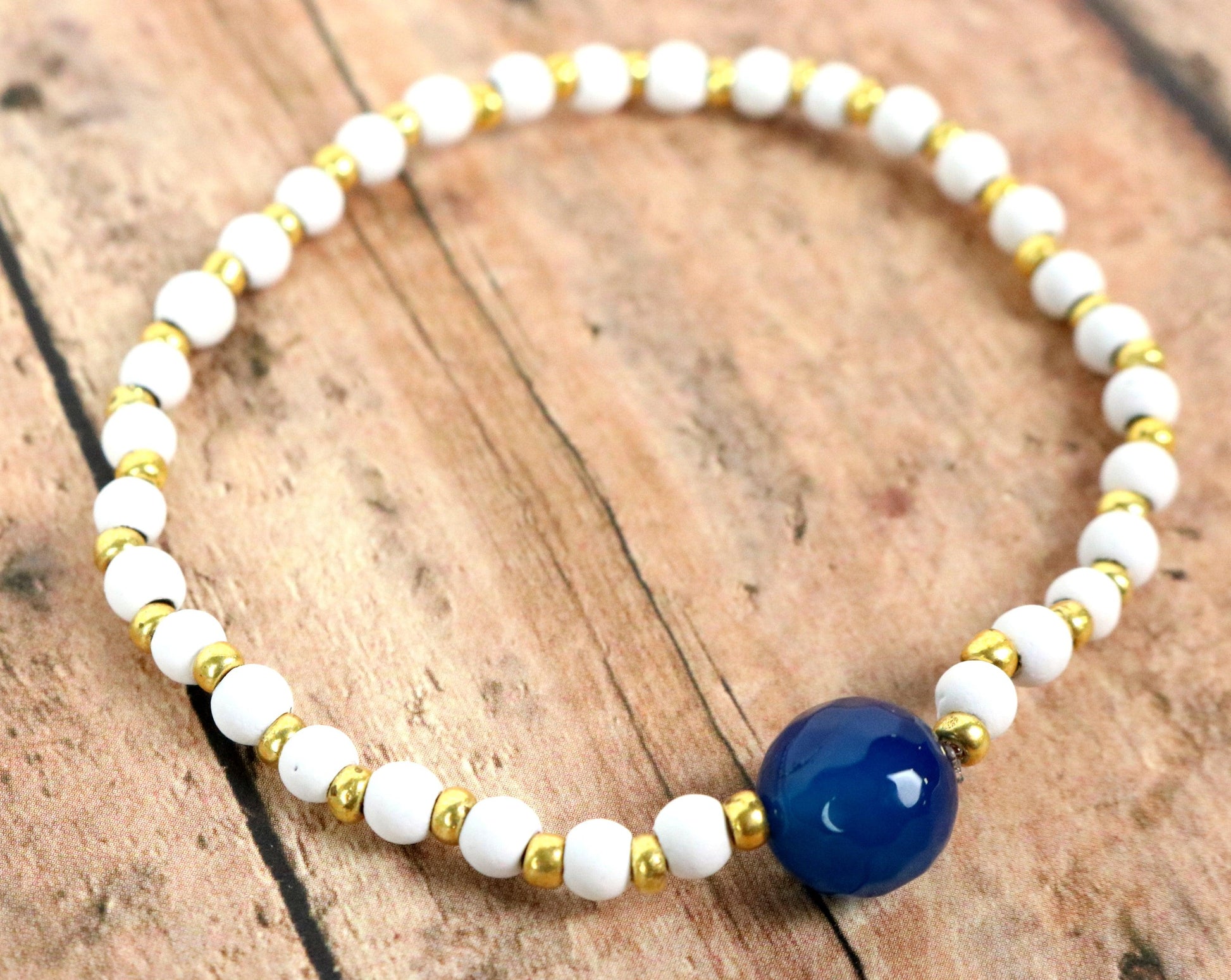 Dark Blue, Matte Rubber Hematite White Beads, and Yellow Gold Women's Glass Bracelet - Monkeysmojo