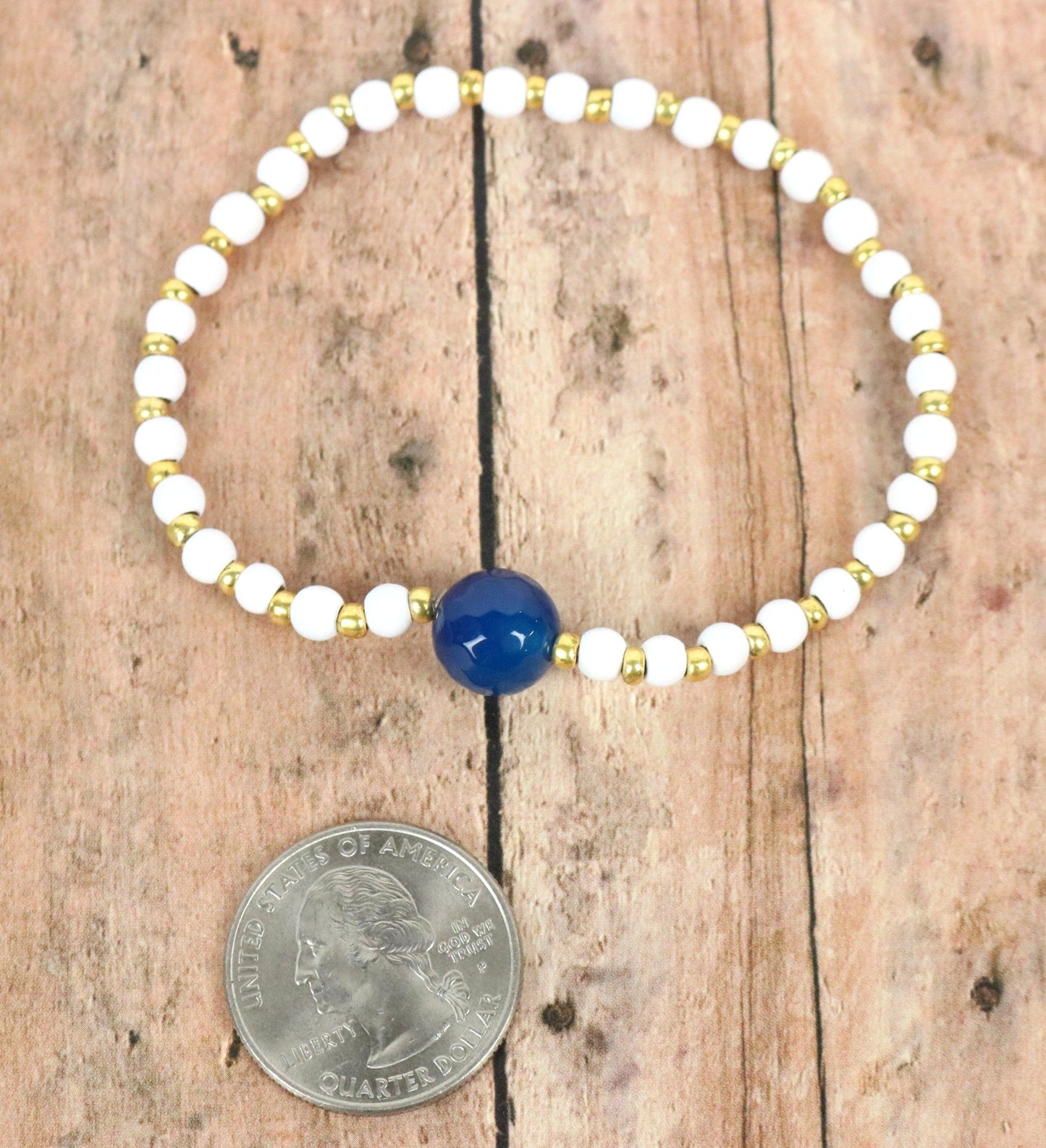 Dark Blue, Matte Rubber Hematite White Beads, and Yellow Gold Women's Glass Bracelet - Monkeysmojo