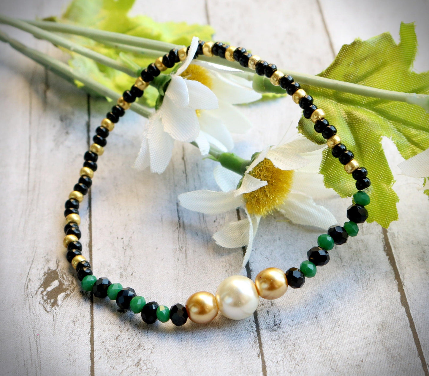 White Pearl Golden Serpent Black and Green Scales Women's Bracelet - Monkeysmojo