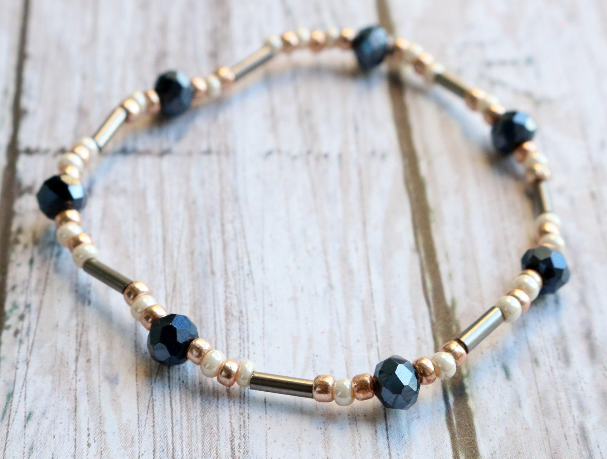 Midnight Faceted Blue Silver Lines and Gold Pearl Stars in the Sky Glass Bracelet - Monkeysmojo