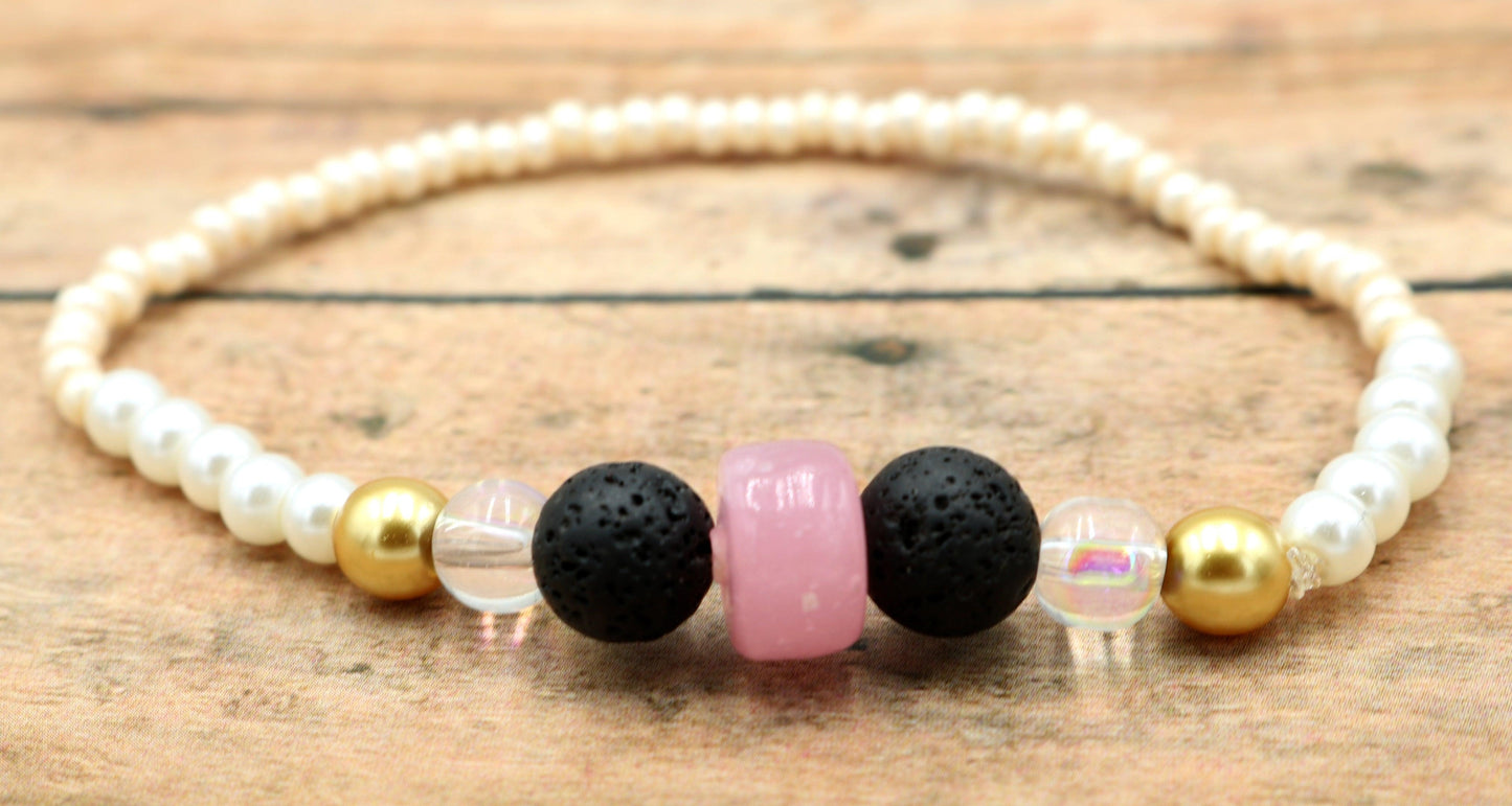 Rose in a Concrete Jungle - Rose Pink, Black, Yellow Gold, Pearls, and White Delight Women's Glass Bracelet - Monkeysmojo