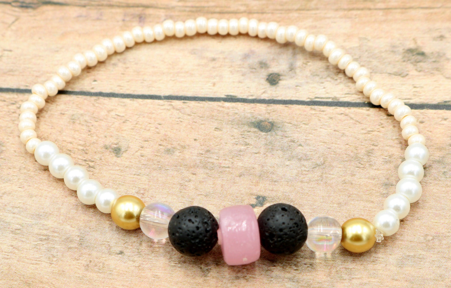 Rose in a Concrete Jungle - Rose Pink, Black, Yellow Gold, Pearls, and White Delight Women's Glass Bracelet - Monkeysmojo