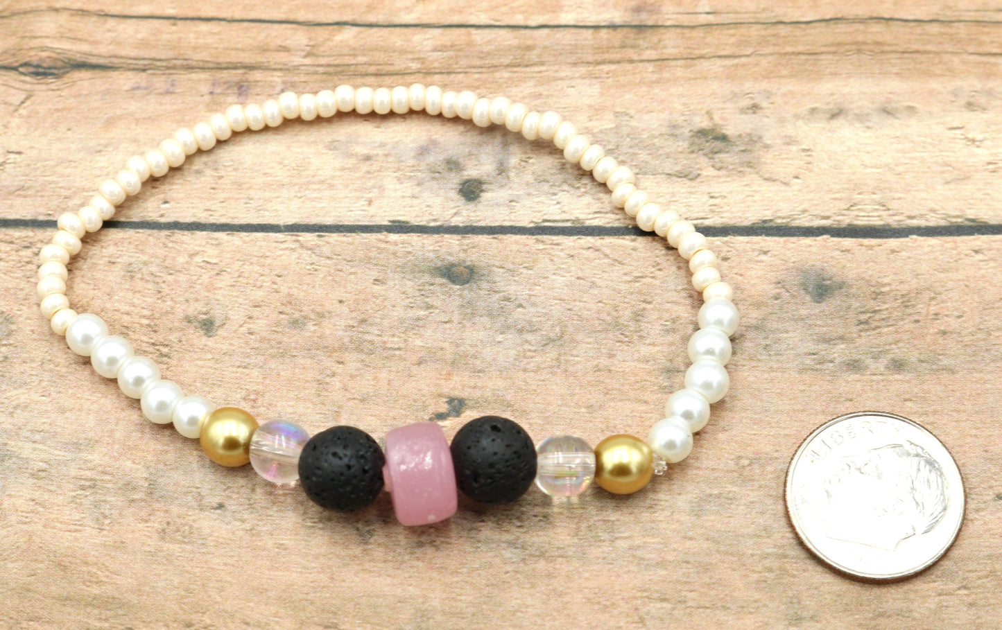 Rose in a Concrete Jungle - Rose Pink, Black, Yellow Gold, Pearls, and White Delight Women's Glass Bracelet - Monkeysmojo