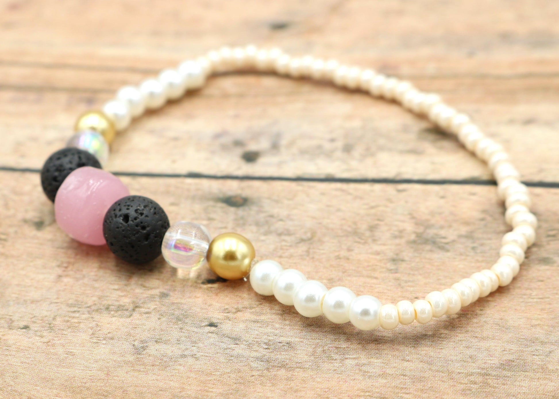 Rose in a Concrete Jungle - Rose Pink, Black, Yellow Gold, Pearls, and White Delight Women's Glass Bracelet - Monkeysmojo