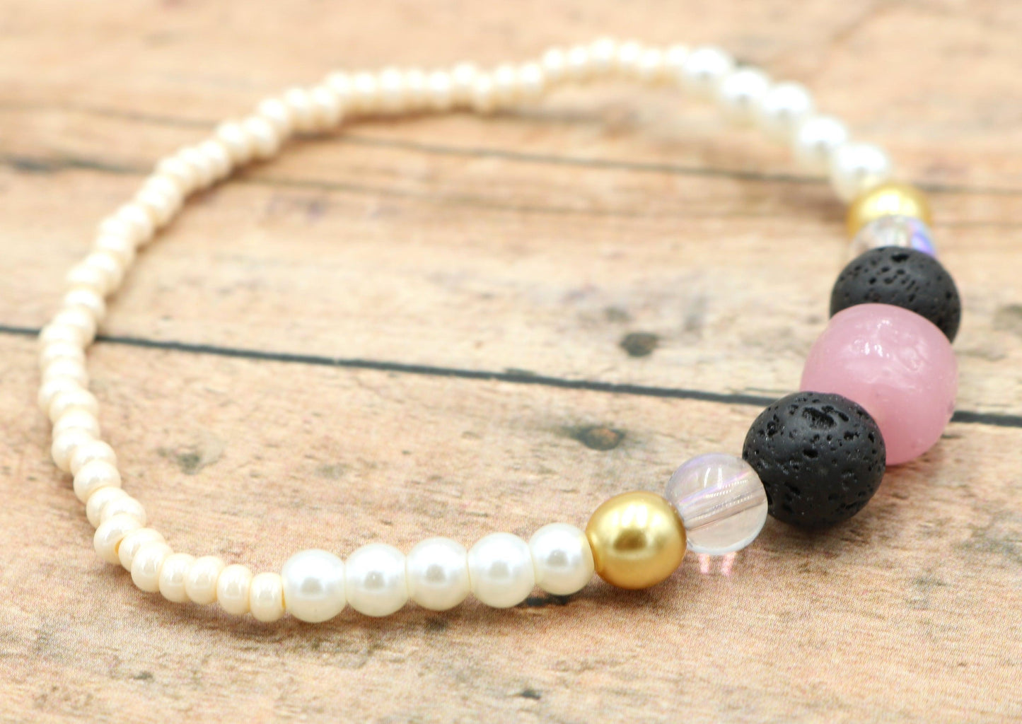 Rose in a Concrete Jungle - Rose Pink, Black, Yellow Gold, Pearls, and White Delight Women's Glass Bracelet - Monkeysmojo