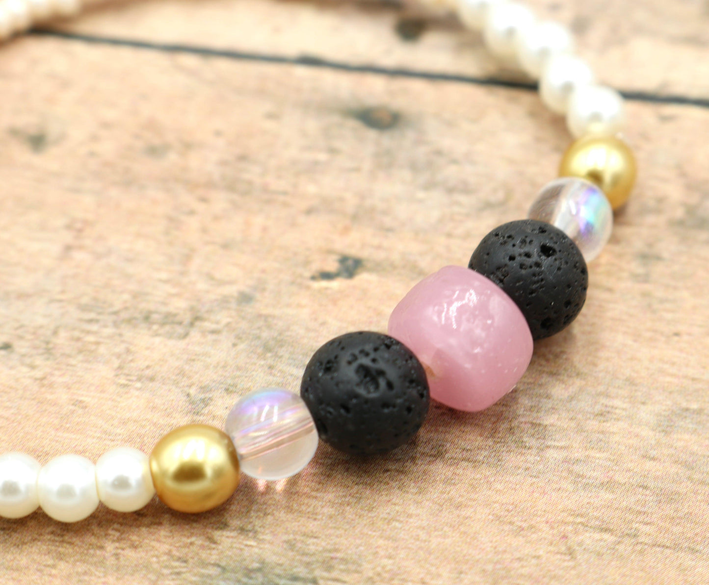 Rose in a Concrete Jungle - Rose Pink, Black, Yellow Gold, Pearls, and White Delight Women's Glass Bracelet - Monkeysmojo