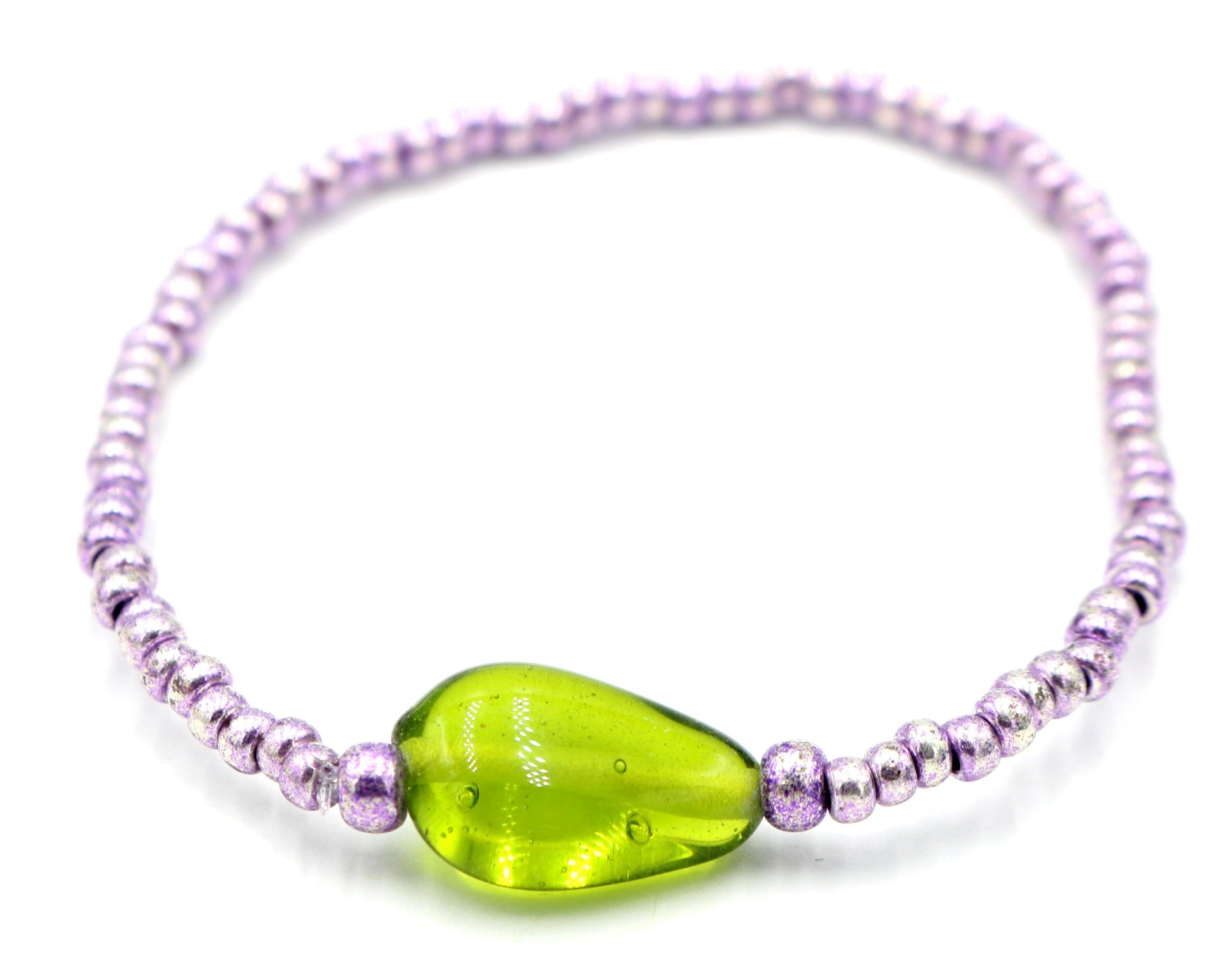 Lotus and the Leaf - Metallic Purple and Bright Green Glass Women's Stretch Bracelet - Monkeysmojo