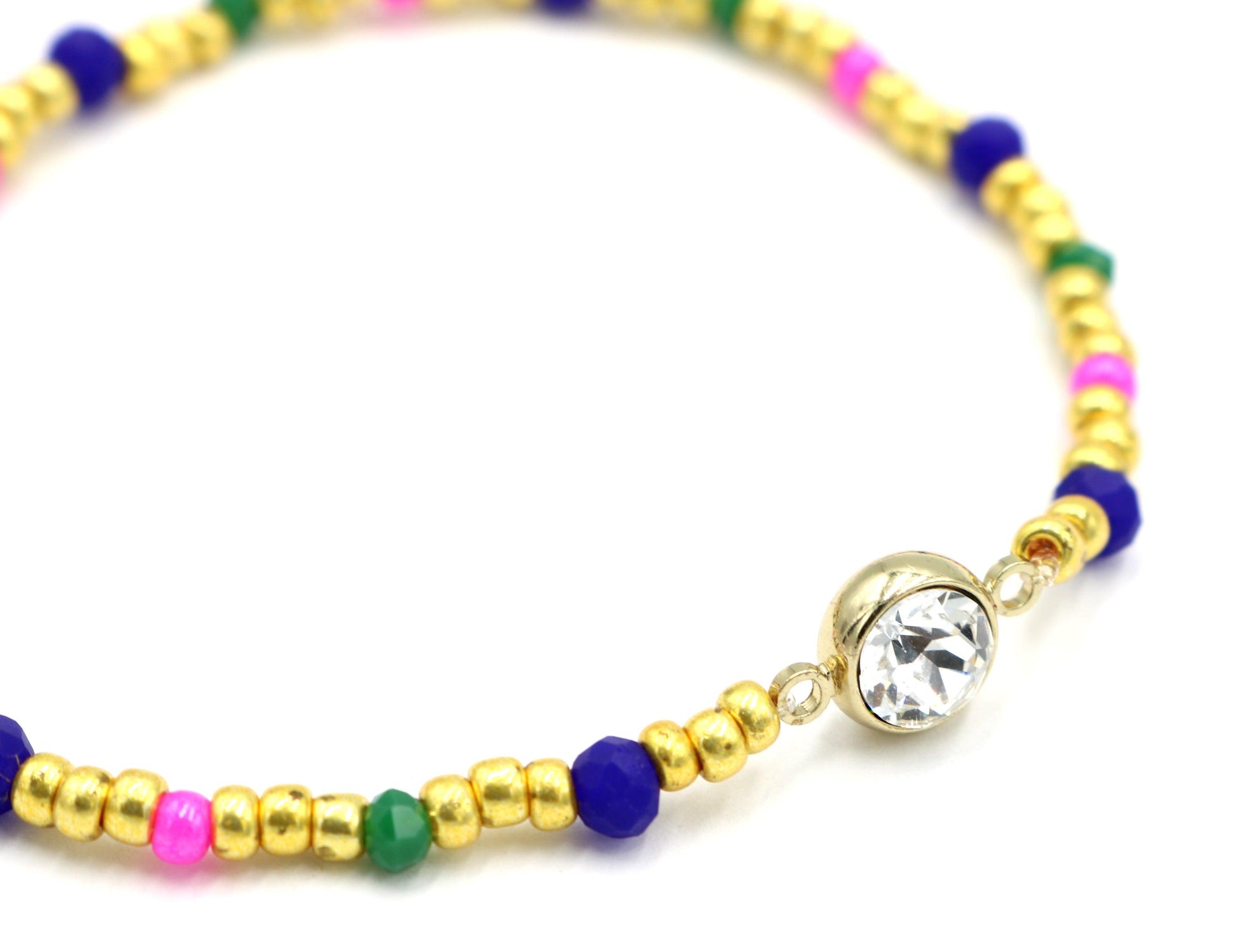 Luxury Yellow Gold Tone, Dark Blue, Hot Pink, and Green CZ Charm Glass Bead Women's Bracelet - Monkeysmojo