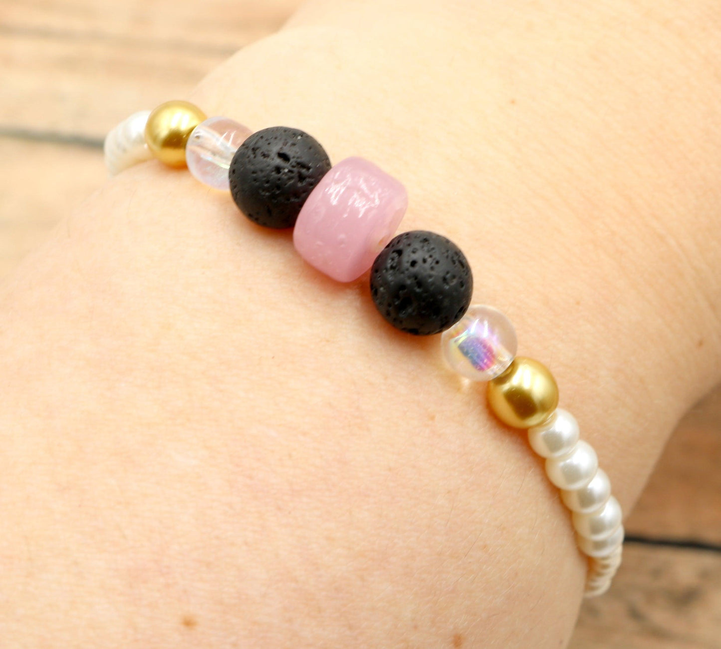 Rose in a Concrete Jungle - Rose Pink, Black, Yellow Gold, Pearls, and White Delight Women's Glass Bracelet - Monkeysmojo