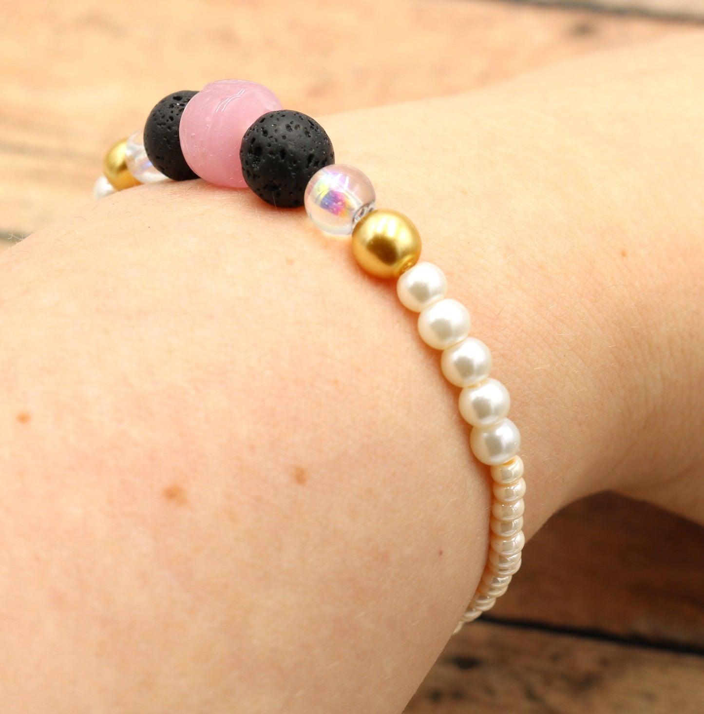 Rose in a Concrete Jungle - Rose Pink, Black, Yellow Gold, Pearls, and White Delight Women's Glass Bracelet - Monkeysmojo