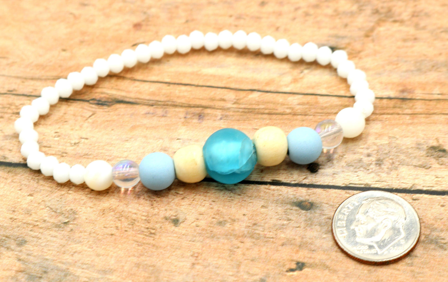 When the Sky Meets the Sea - Blue and White Spring Women's Glass Bead Stretch Bracelet - Monkeysmojo