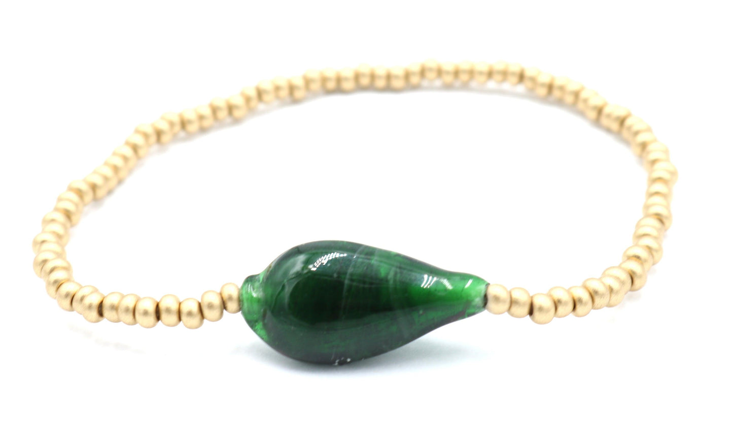 Golden Wheat High Tides Matte Yellow Gold and Dark Emerald Green Glass Bead Bracelet - Monkeysmojo