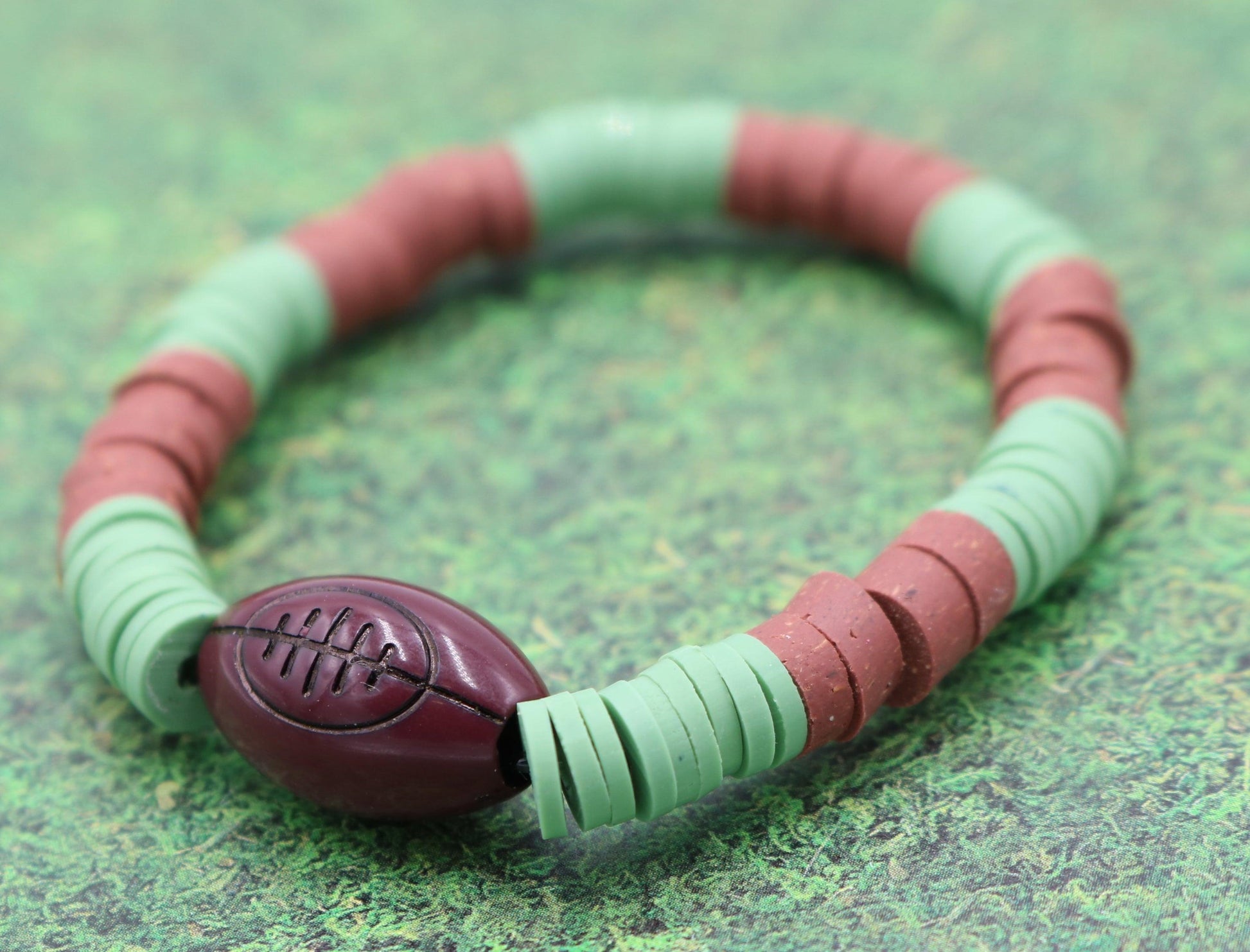 Youth Boy's American Football Themed Polymer Clay Trending Sports Themed Stretch Bracelet - Green and Brown - Monkeysmojo