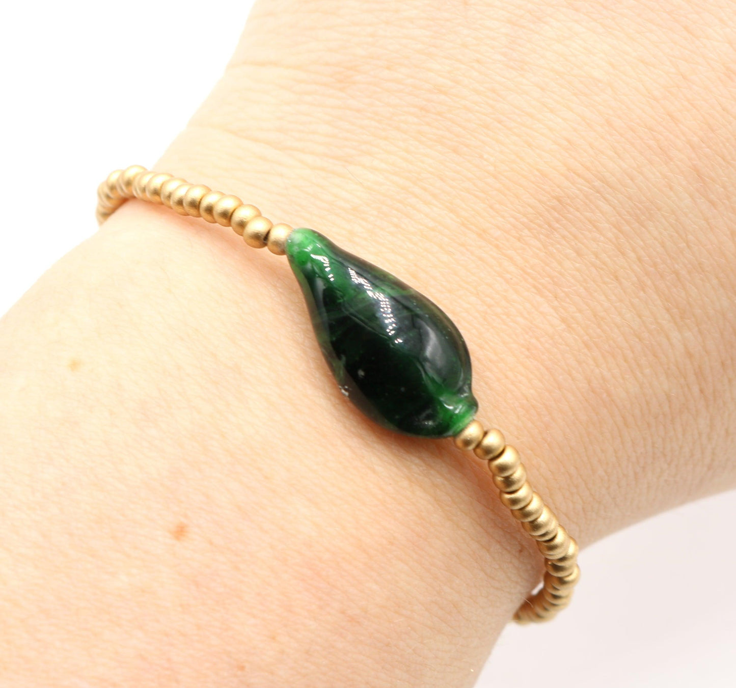 Golden Wheat High Tides Matte Yellow Gold and Dark Emerald Green Glass Bead Bracelet - Monkeysmojo