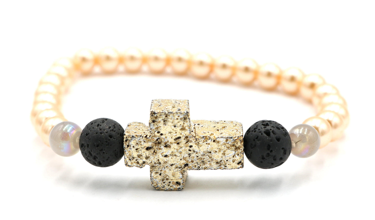 At The Cross - Easter Morning - Yellow Gold and Rose Gold Easter Women's Stretch Bracelet Front View Close Up