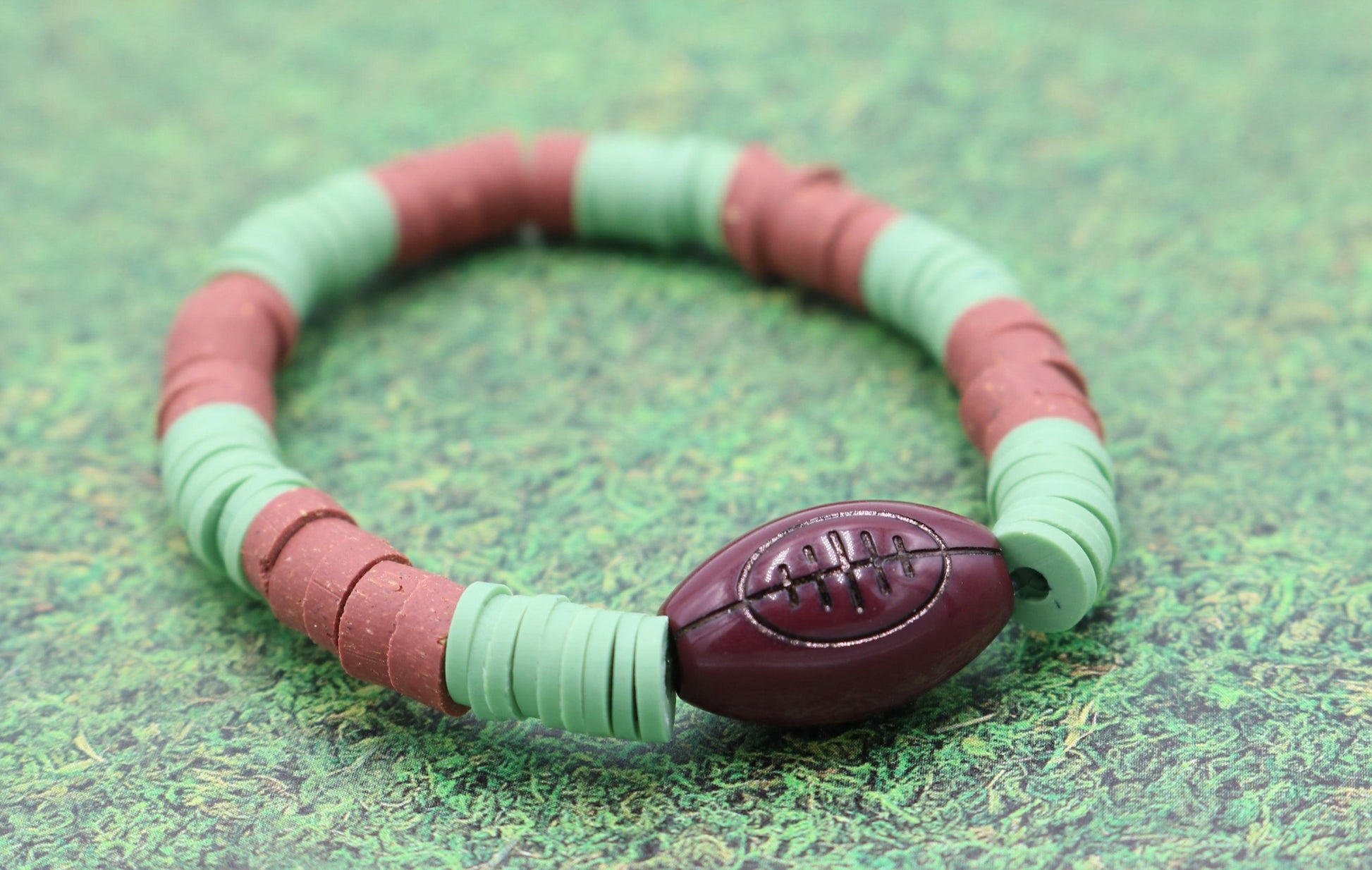 Youth Boy's American Football Themed Polymer Clay Trending Sports Themed Stretch Bracelet - Green and Brown - Monkeysmojo