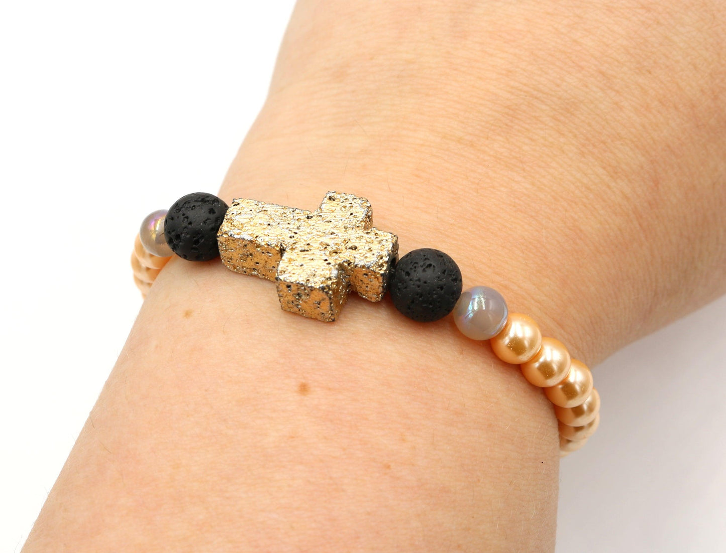 At The Cross - Easter Morning - Yellow Gold and Rose Gold Easter Women's Stretch Bracelet on Model