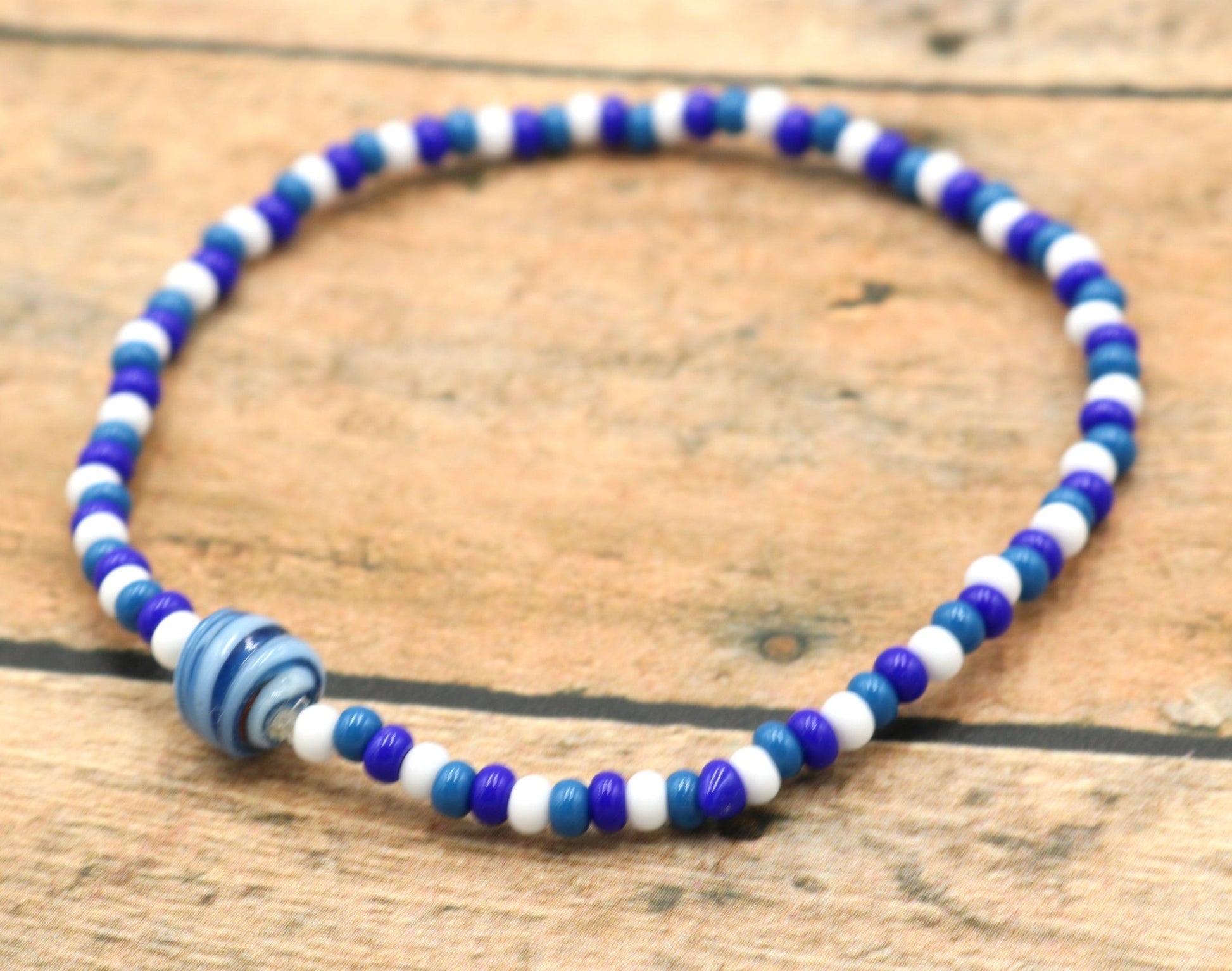Ocean Swirl - Dark Blue, Blue, and White - Nautical Fun Women's Glass Stretch Bracelet - Monkeysmojo