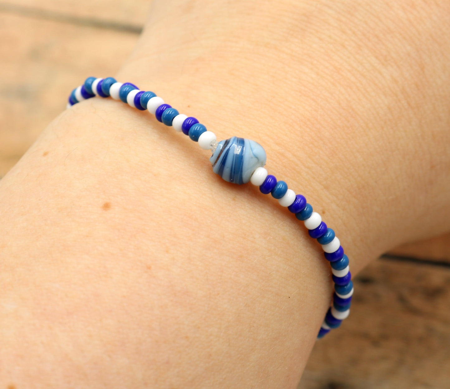 Ocean Swirl - Dark Blue, Blue, and White - Nautical Fun Women's Glass Stretch Bracelet - Monkeysmojo