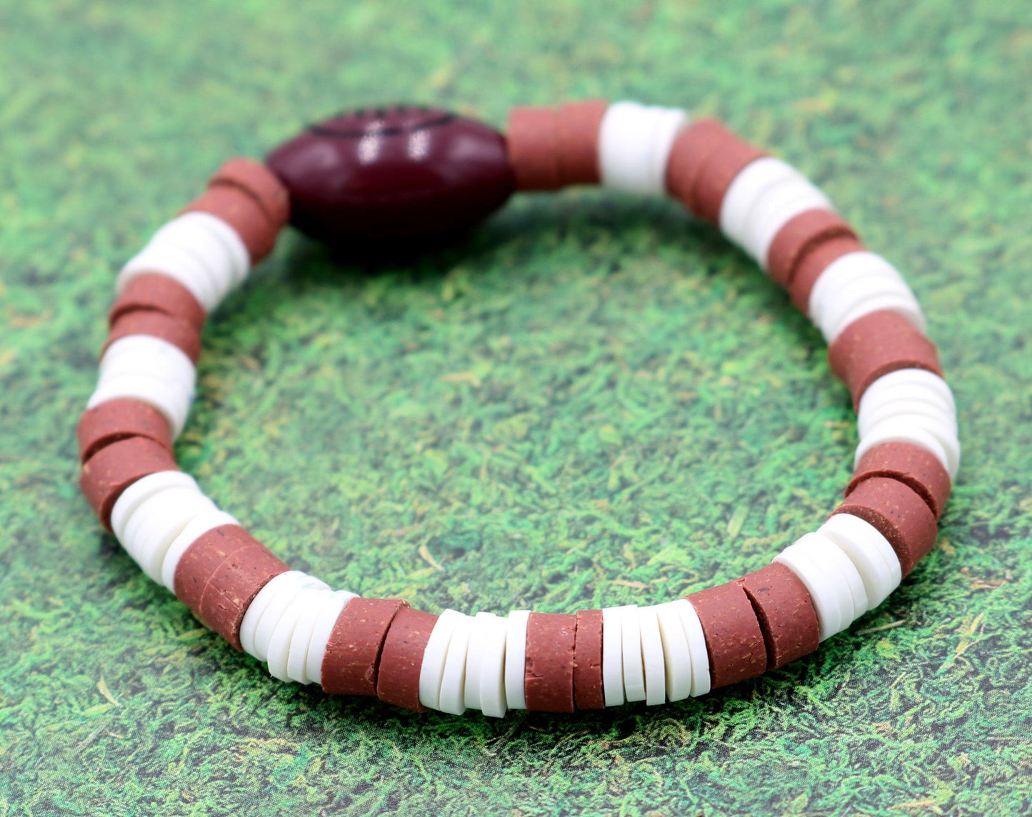 Youth Boy's American Football Themed Polymer Clay Trending Sports Themed Stretch Bracelet - Brown and White - Monkeysmojo