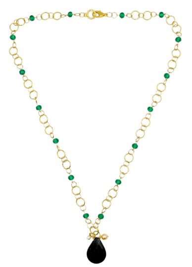 Stunning Women’s Faceted Emerald Green Glass Beads with Onyx Black Glass Tear Drop Pendant 18k Gold Plated Necklace - Monkeysmojo