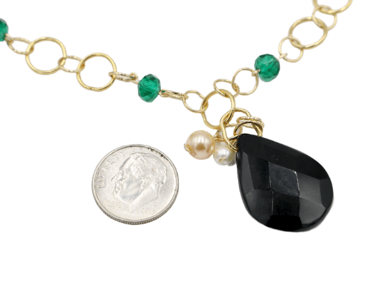 Stunning Women’s Faceted Emerald Green Glass Beads with Onyx Black Glass Tear Drop Pendant 18k Gold Plated Necklace - Monkeysmojo