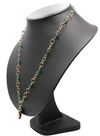 Stunning Women’s Faceted Emerald Green Glass Beads with Onyx Black Glass Tear Drop Pendant 18k Gold Plated Necklace - Monkeysmojo