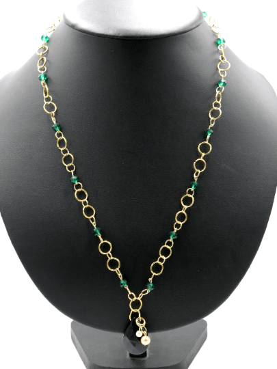 Stunning Women’s Faceted Emerald Green Glass Beads with Onyx Black Glass Tear Drop Pendant 18k Gold Plated Necklace - Monkeysmojo