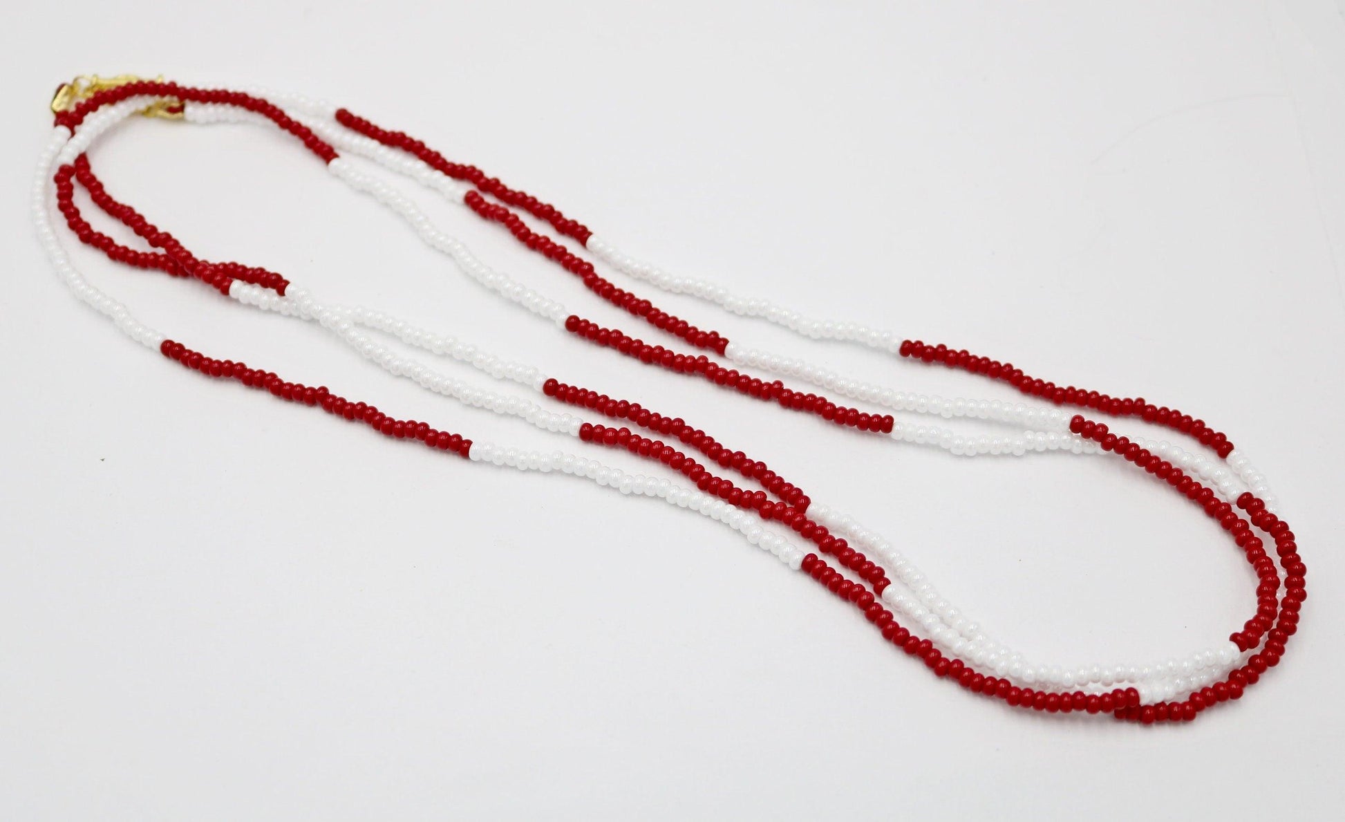 Beautiful Women's 61" Long Red and Pearlescent White Alternating Boho Southern Style Necklace SEC Inspired Team Spirit Czech Glass Beads - Monkeysmojo