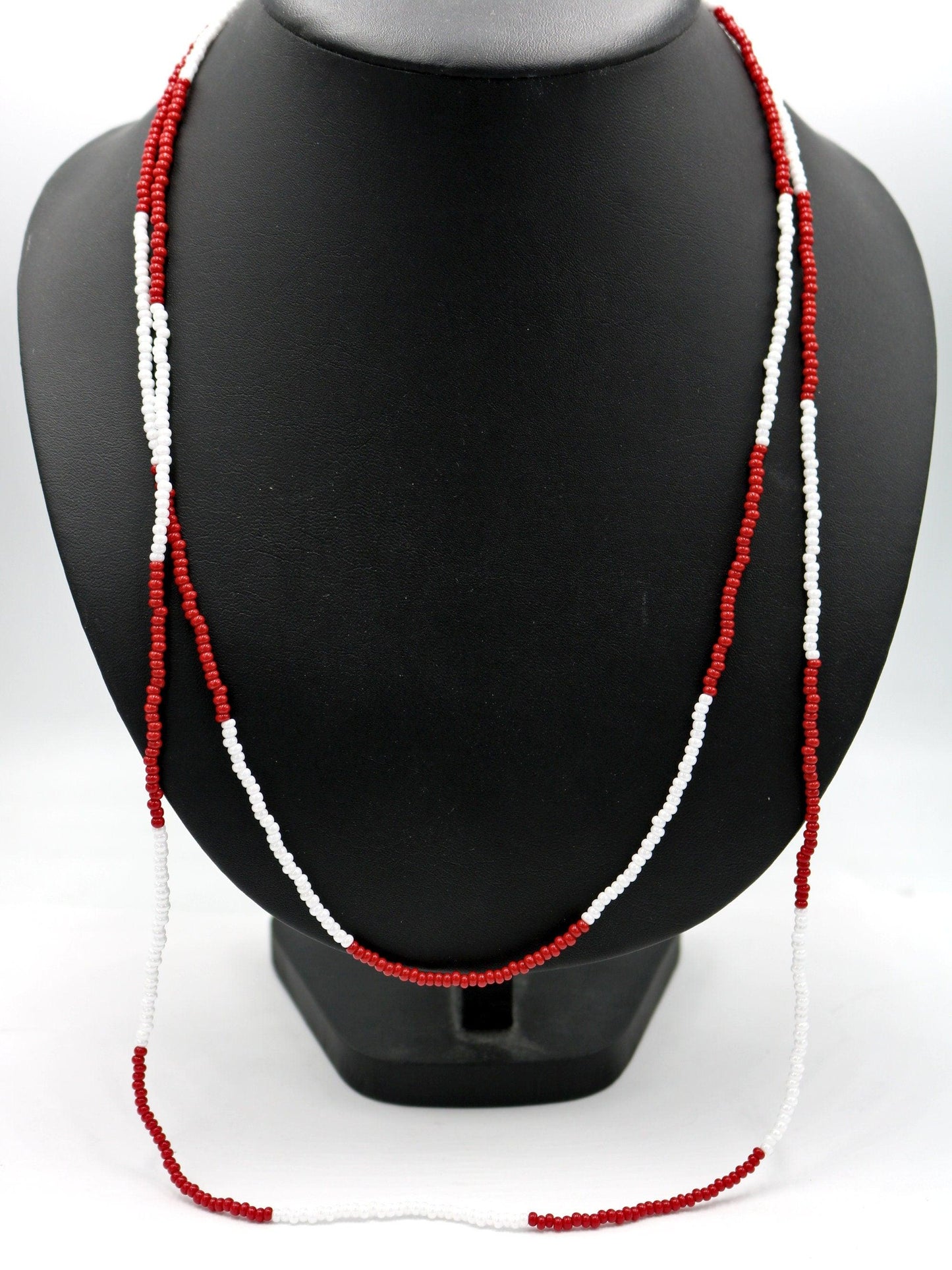 Beautiful Women's 61" Long Red and Pearlescent White Alternating Boho Southern Style Necklace SEC Inspired Team Spirit Czech Glass Beads - Monkeysmojo