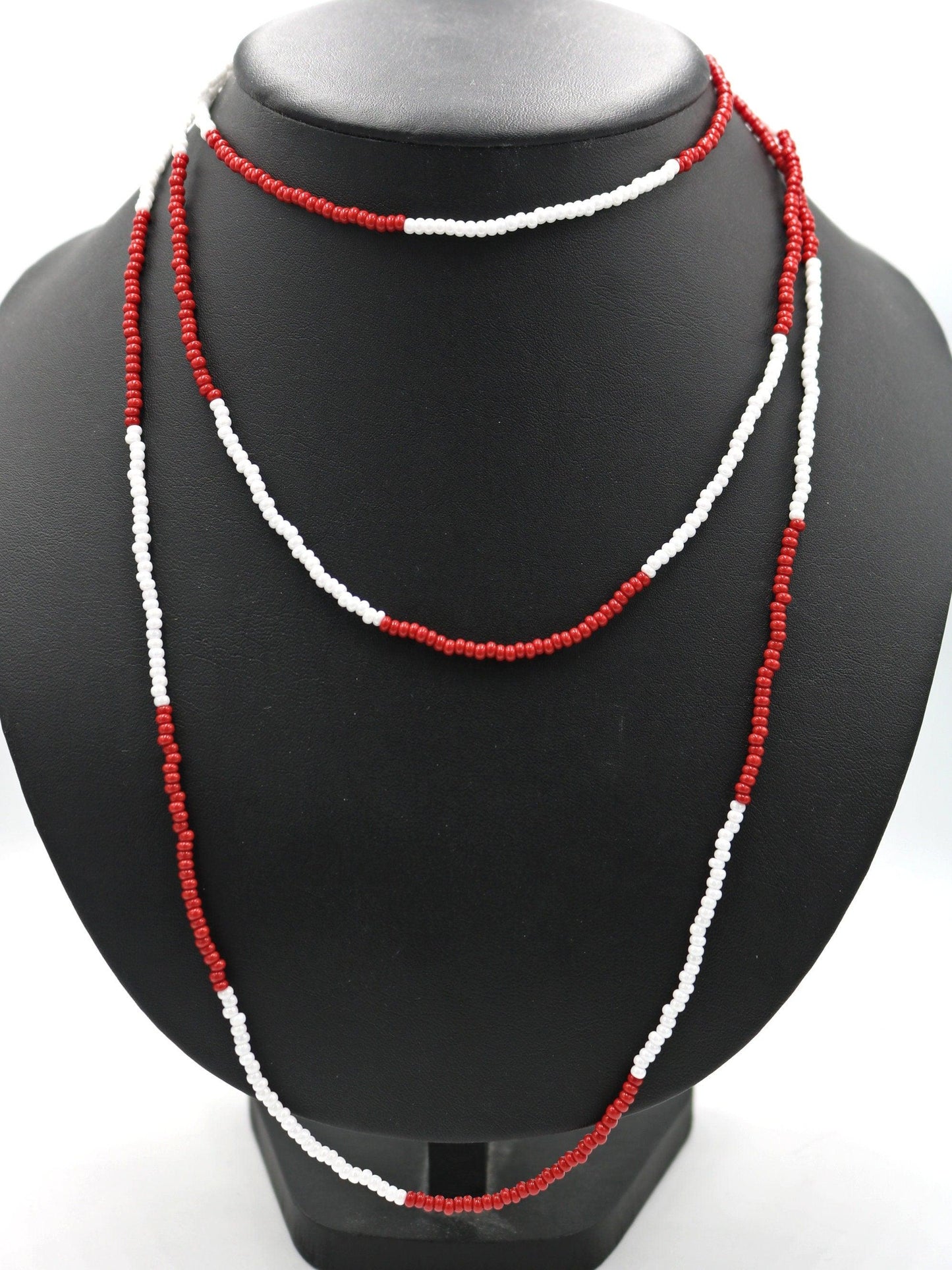 Beautiful Women's 61" Long Red and Pearlescent White Alternating Boho Southern Style Necklace SEC Inspired Team Spirit Czech Glass Beads - Monkeysmojo