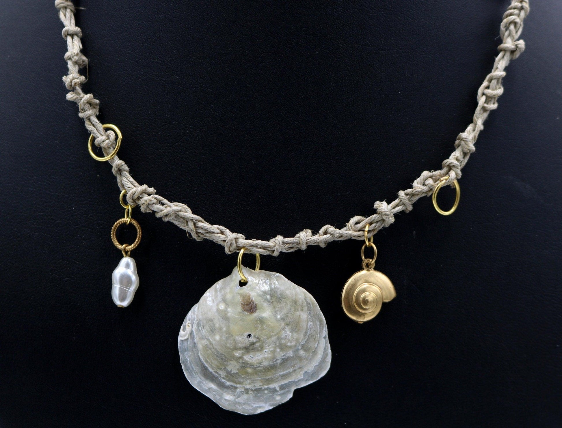 Unique One of a Kind Handmade Nautical Ocean Necklace Ship Wrecked Inspired Jingle Shell Florida Twine Necklace with Yellow Gold Toned Charm - Monkeysmojo