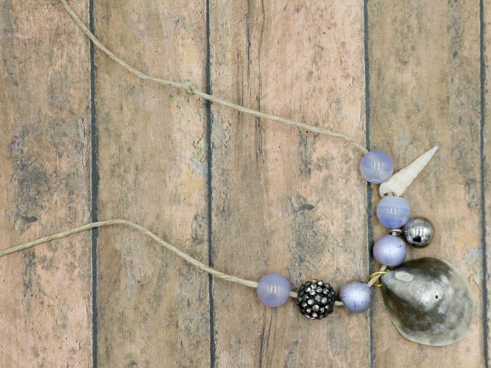 Unique One of a Kind Handmade Nautical Ocean Inspired Jingle Shell Florida Twine Necklace with Glass Beads and Charm - Recycled 20" - Monkeysmojo