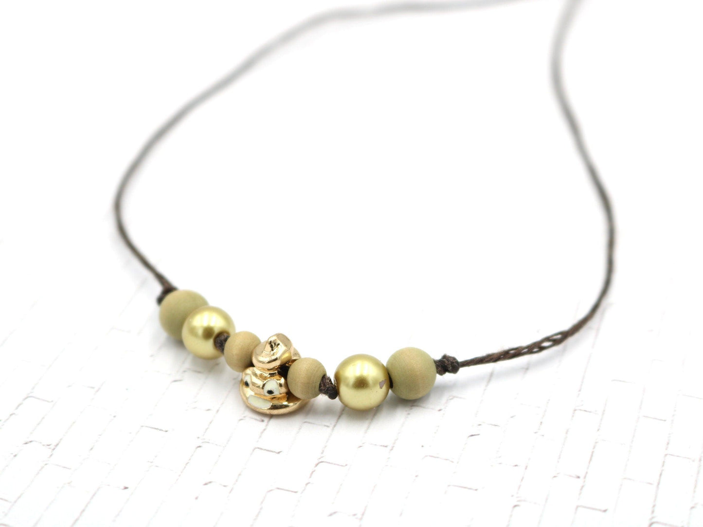 Women's Girls 18K Yellow Gold Plated Poop Emoji Charm Necklace with Wooden and Glass Beads Leather Yellow Gold Toned Hardware 19" Necklace - Monkeysmojo