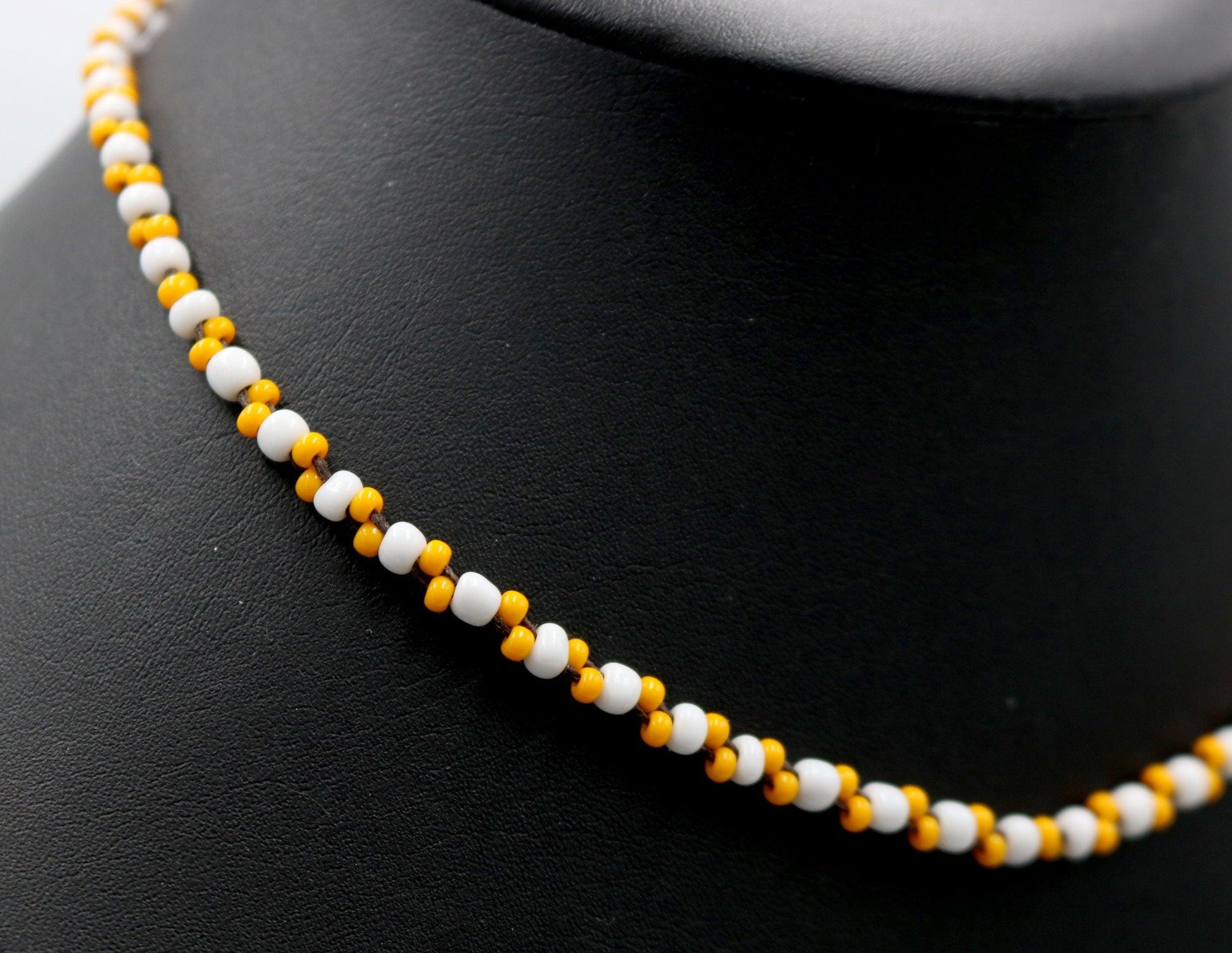 Its Hammer Time No Wait Its M C Escher Inspired Bright Yellow And White Seed Bead 18” Brown Leather Necklace 2021 Gift - Monkeysmojo