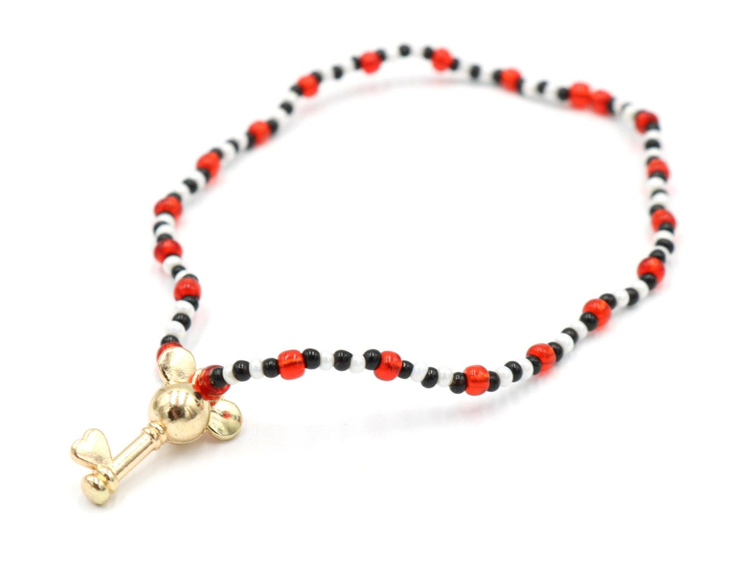 House of Mouse Key to the Park Walt Mickey Inspired Black, White, and Red 2mm Seed Bead Yellow Gold Tone Mouse Key Charm Stretch Bracelet - Monkeysmojo