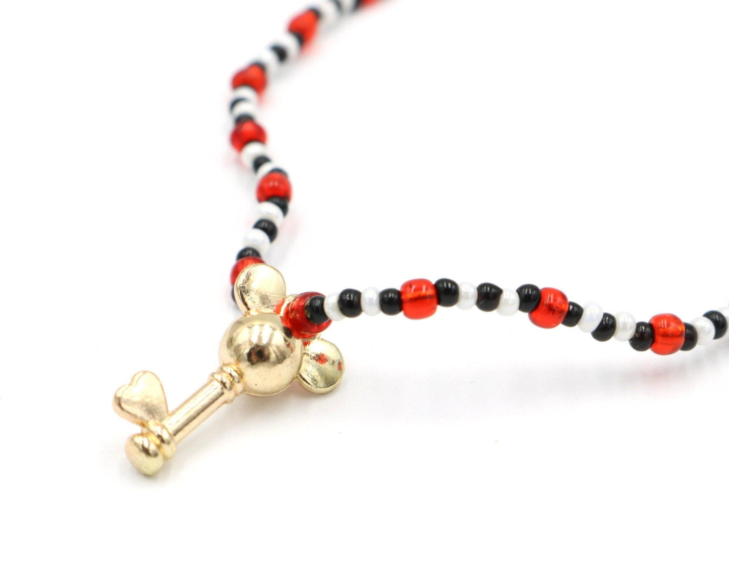 House of Mouse Key to the Park Walt Mickey Inspired Black, White, and Red 2mm Seed Bead Yellow Gold Tone Mouse Key Charm Stretch Bracelet - Monkeysmojo