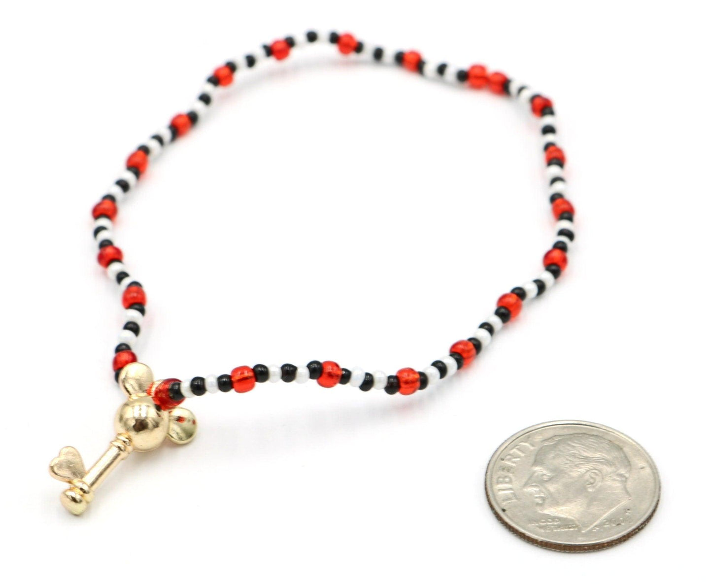 House of Mouse Key to the Park Walt Mickey Inspired Black, White, and Red 2mm Seed Bead Yellow Gold Tone Mouse Key Charm Stretch Bracelet - Monkeysmojo