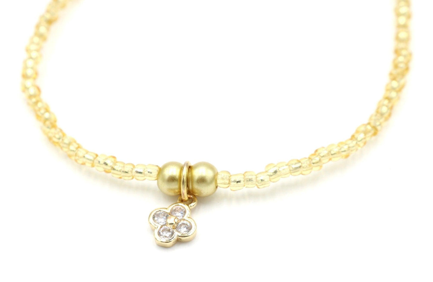 Stunning 14K Gold Filled Zicron Four-Leaf Clover Pendant 6mm Delicate Women’s Girl Stretch Bracelet with 1.5 mm Yellow Gold Toned Seed Beads - Monkeysmojo