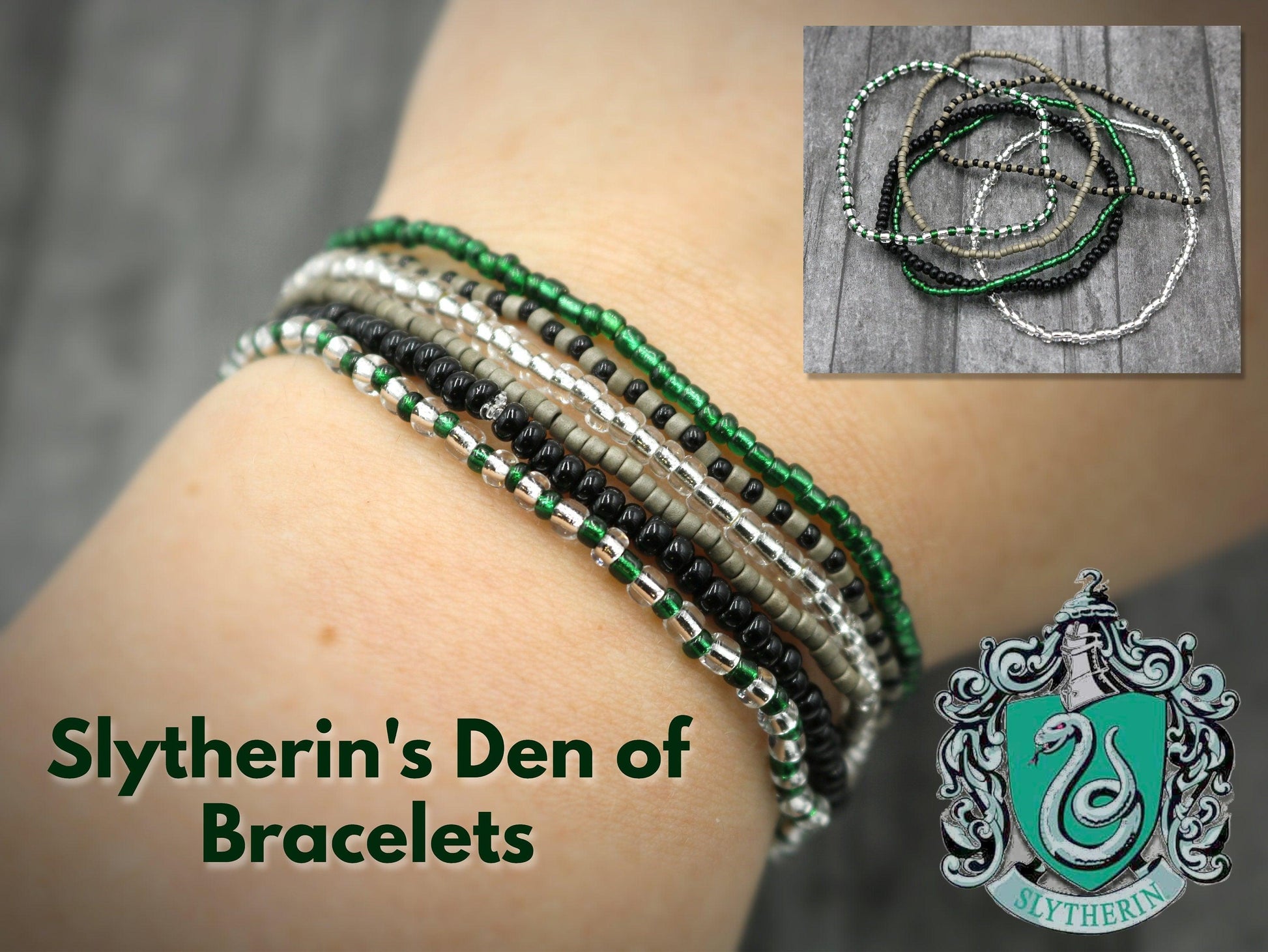 Slither and Slide with this Slytherin Inspired 6 Stretch Boho Bracelet Set – Silver, Black, Green and Grey – Women’s Bracelets Fantasy - Monkeysmojo