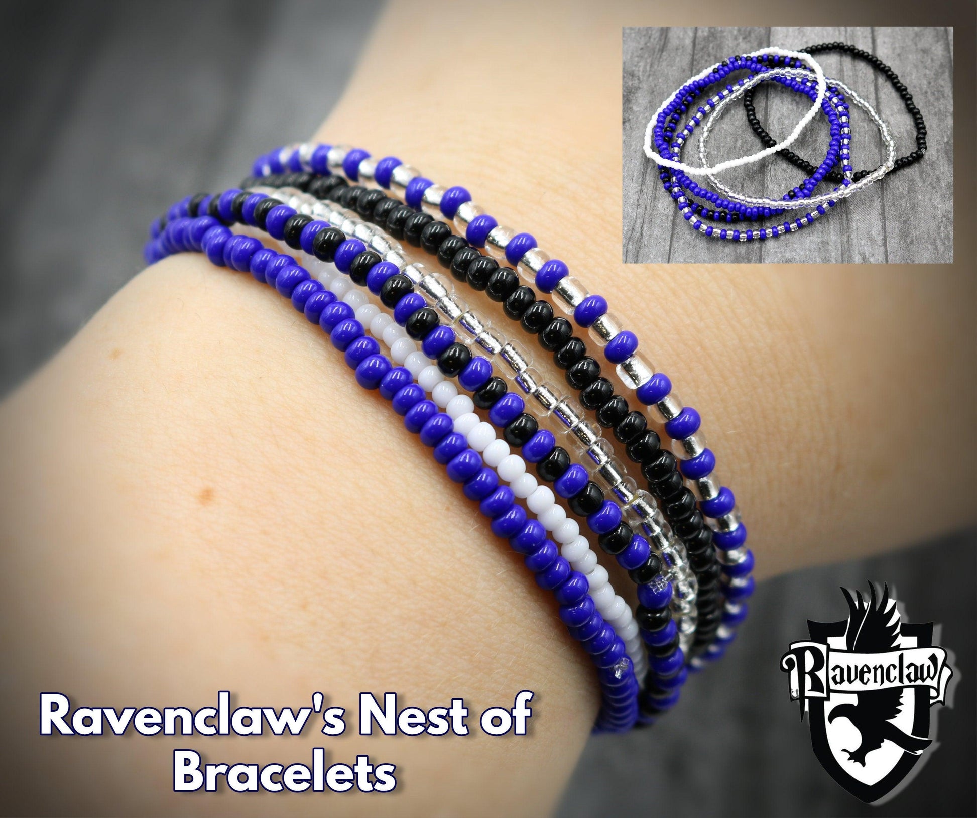 Fly and Glide with this Ravenclaw Inspired 6 Stretch Boho Bracelet Set – Blue, Silver, Black, White and Grey – Women’s Bracelets Fantasy - Monkeysmojo