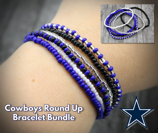 Dallas Texas Cowboys Football Fandom Inspired 6 Stretch Boho Bracelet Set – Blue, Silver, Black, White and Grey Women’s Bracelets Tail Gate - Monkeysmojo