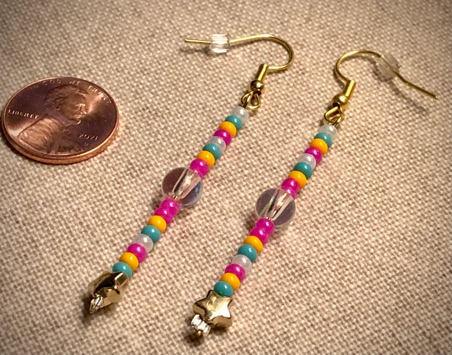 Fun Forces of the Universe Star Power Pink and Gold Blue Glass 2” Long Dangle Earrings Women’s Gift 2022 - Monkeysmojo